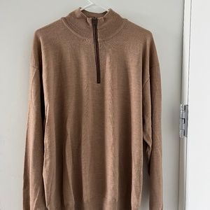 ORVIS 100% Merino Wool Quarter-Zip Sweater Tan Brown with leather trim size XL